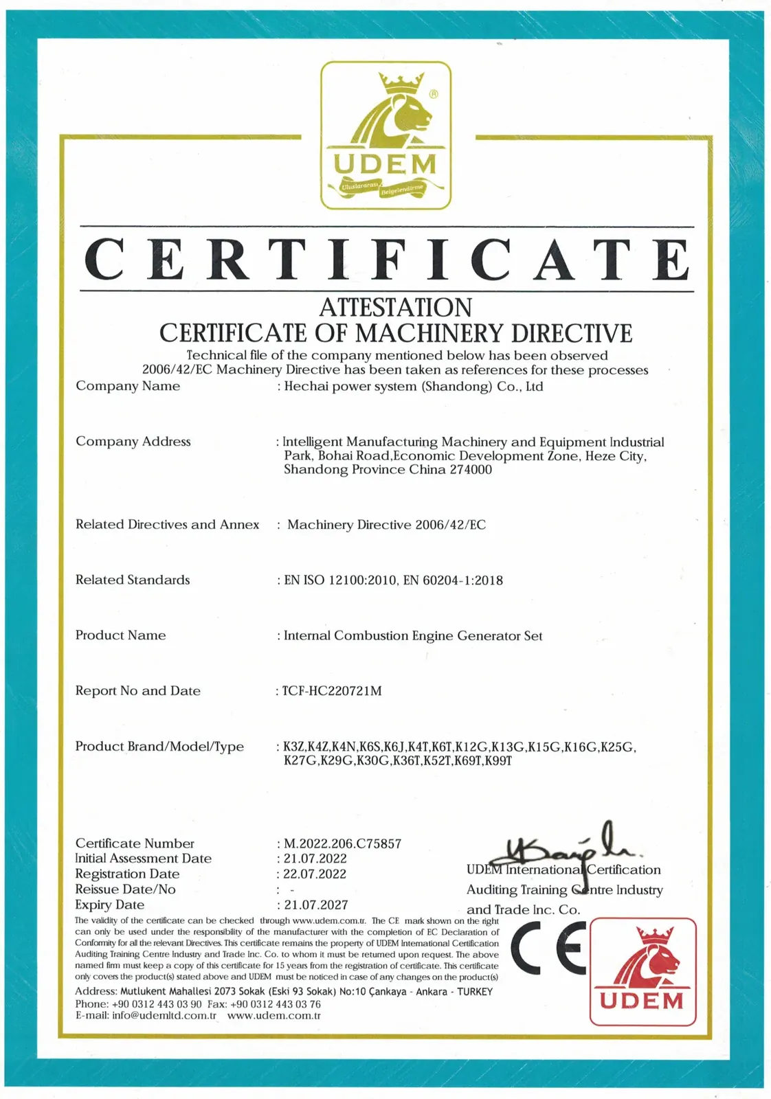 CE Marking certificate